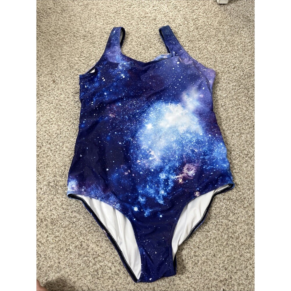 Galaxy Print Strappy Back Lined One Piece Swimsuit Blue Purple Size XL